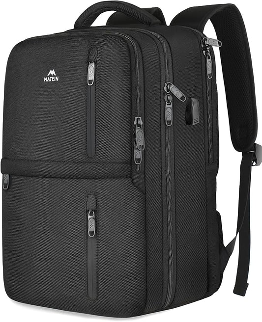 MATEIN Travel Laptop Backpack, Flight Approved Carry on Backpack with USB Port & Shoe Compartment, Large Personal Item Bag Fits 15.6 inch Laptop, Water Resistant Luggage Overnight Weekender Bag, Black