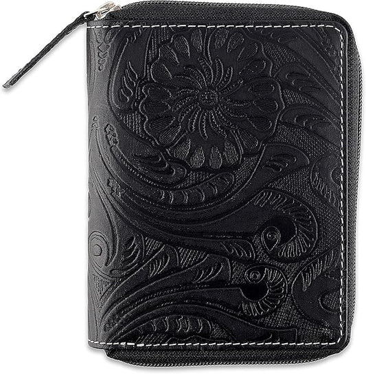 Passport Wallet - Travel Document Holder w/RFID Blocking – Full Grain Leather – Bifold compact zip around Wallet with Credit Card Slots for Women and Men, black floral,500-40