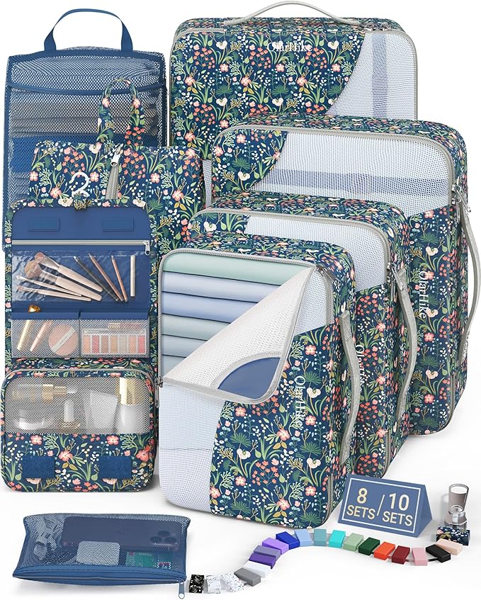 8 Set Packing Cubes for Travel,Gifts for Women Mom,Anti-Tearing Suitcase Organizer for Luggage with Shoe & Hanging Toiletry Bag,Vacation Essentials & Accessories for Cruise Ship,Dark Blue Floral
