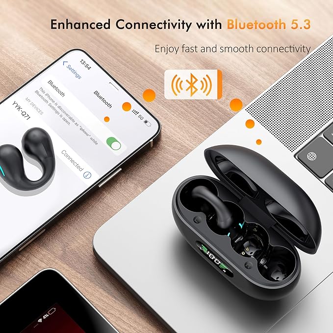 Open Ear Clip Wireless Earbuds Bluetooth 5.3, Sports Earphones Built-in Microphone with Earhooks & Ear Hook, Wireless Charging Case & Display, Waterproof Fitness Headphones for Running