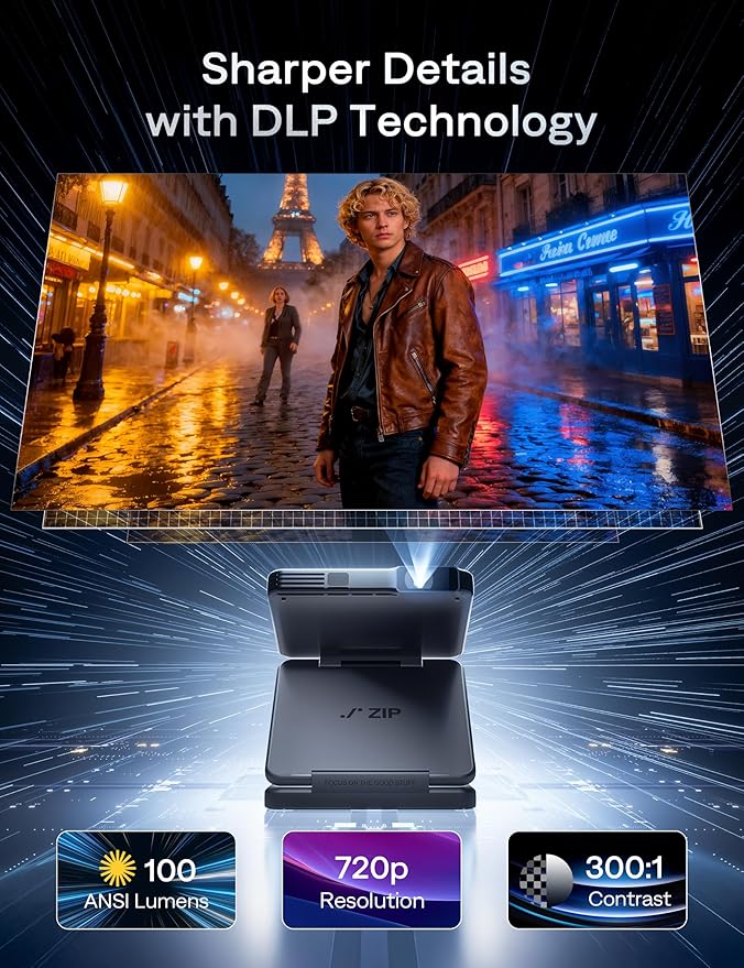 Aurzen ZIP Tri-Fold DLP Ultra-Portable Mini Projector with Bluetooth 5.4, Screen Mirroring, 5000mAh Battery, Type-C Fast Charging, Zero-Lag Focus&Keystone, Pocket Pico Projector, Built-in Stand, Grey