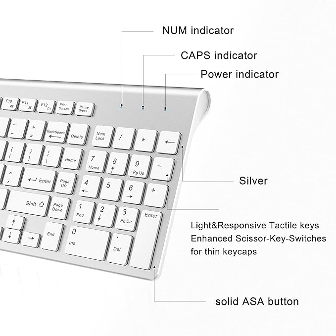 JOYACCESS Wireless Keyboard, 2.4G Slim and Compact Wireless Keyboard with Numeric Keypad for Laptop, MacBook air, Desktop, Computer, PC-Sliver&White