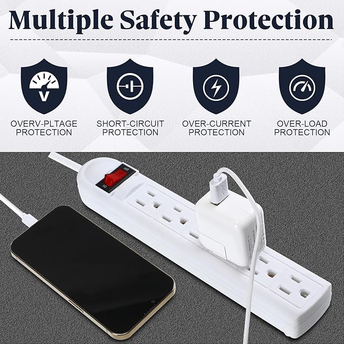 Hoteam 10 Pcs Power Strip Bulk 6 Outlet Surge Protector Power Cord Electrical Extension Cord with Switch Low Profile Plug Flat for Home Office(8.2 ft,White)