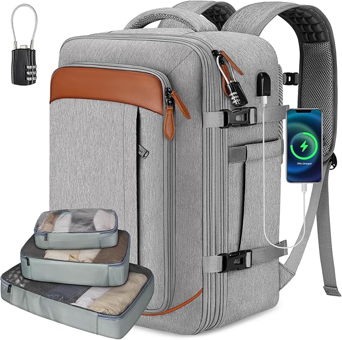 Vancropak Carry on Backpack, Flight Approved Travel Backpack with 3 Packing Cubes, Expandable Large 40L Travel Bag fits 17.3" Laptop, Anti Theft Luggage Suitcase Weekend Daypack for Women Men, Grey