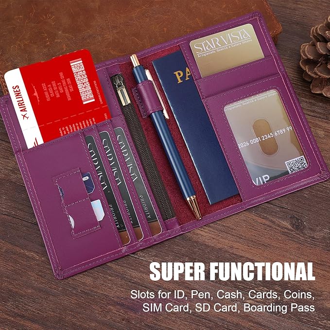STAR VISTA Phoenix Leather Passport Holder, Calfskin Travel Wallet - RFID Blocking, ID Window, Zipper Pocket, Pen & Notebook Included, Violet
