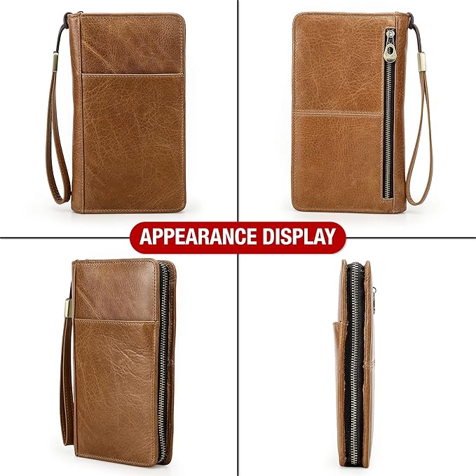 Top Grain Leather Travel Passport Wallet Holder for Man & Woman, Handmade with Three-Layer for 4 Passports & Multi Cards, RFID Blocking Large Capacity for Cards/Passports/Tickets, Brown