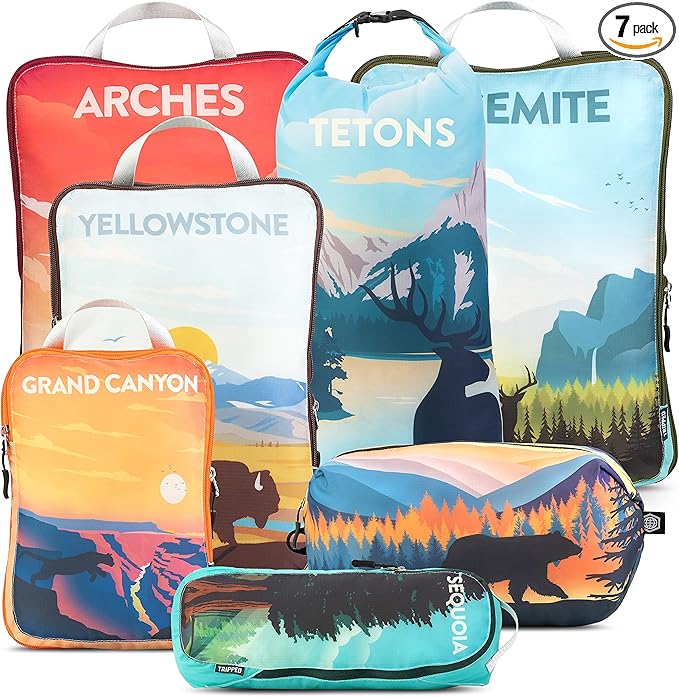 Large Compression Packing Cubes for Travel-Packing Cube Luggage Organizers 7 Piece Set for Checked Luggage-Ultralight, Expandable/Compression Bags by TRIPPED Travel Gear (National Parks)