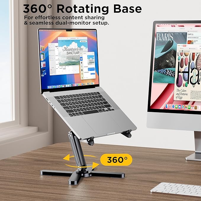 FoldWise X Premium Laptop Stand for Desk - 100% Aluminum, Portable & 360° Rotating - Adjustable Height & Angles Laptop Riser - Sturdy & Foldable MacBook Stand Compatible with All 11-18” Devices