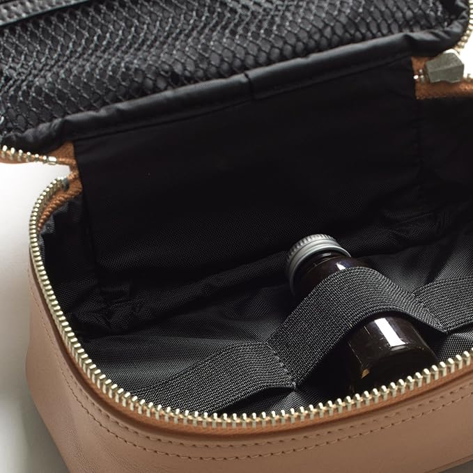 Leatherology Cognac Small Travel Organizer - Zipped mesh storage pocket, elastic loops for organization, compact travel size