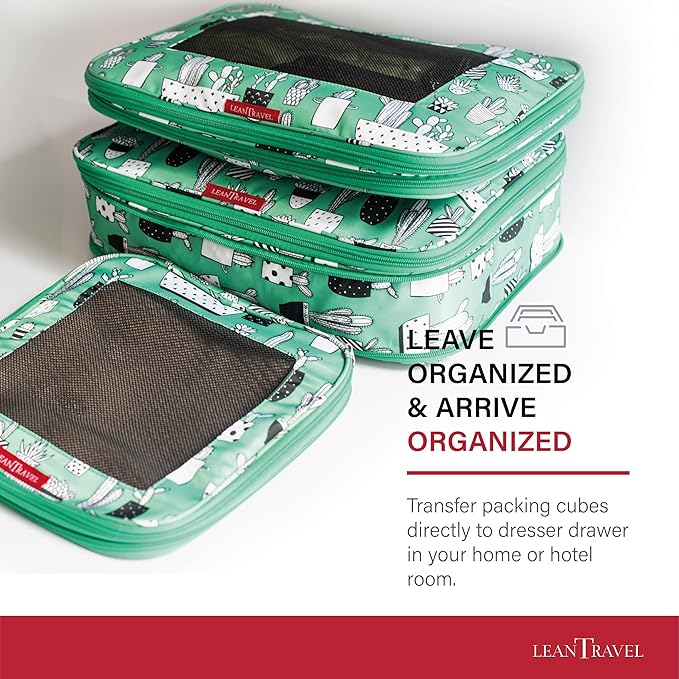 LeanTravel Compression Packing Cubes for Travel Organizers with Double Zipper (6-Pack (2L+2M+2S), Green Cactus)