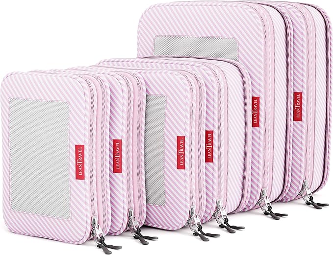 LeanTravel Compression Packing Cubes for Travel Organizers with Double Zipper (6-Pack (2L+2M+2S), Pink Stripes)