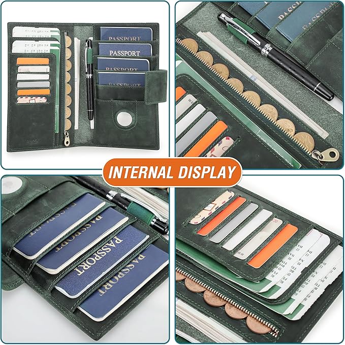 Top Grain Leather Travel Passport Wallet Holder for Man & Woman, Snap Button Design for 4 Passports & Multi Cards, RFID Blocking Large Capacity for Passports/Cards/Checks/Bills, Dark Green