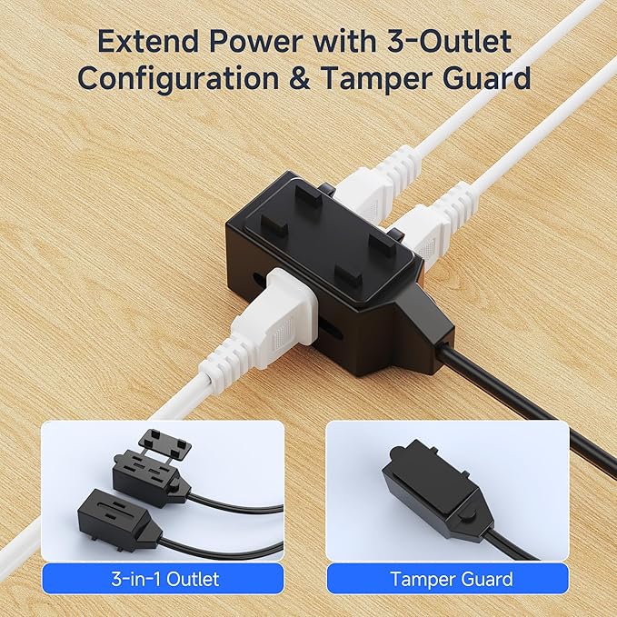 [UL Listed] Cable Matters 2-Pack 16 AWG 2 Prong Long Extension Cord 15 ft, 13A 3-Outlet Extension Cords with Tamper Guard, 13 Amp, 1625 Watts, Black