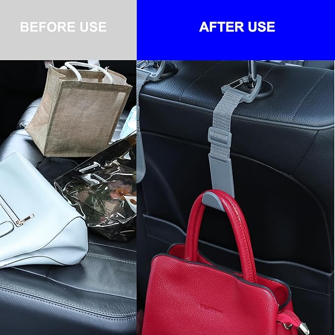 Amooca Headrest Hooks for Car Adjustable 4 Pack Vehicle Seat Back Organizer Storage Hanger Holder for Purse Bags Universal Fit with Clip Gray