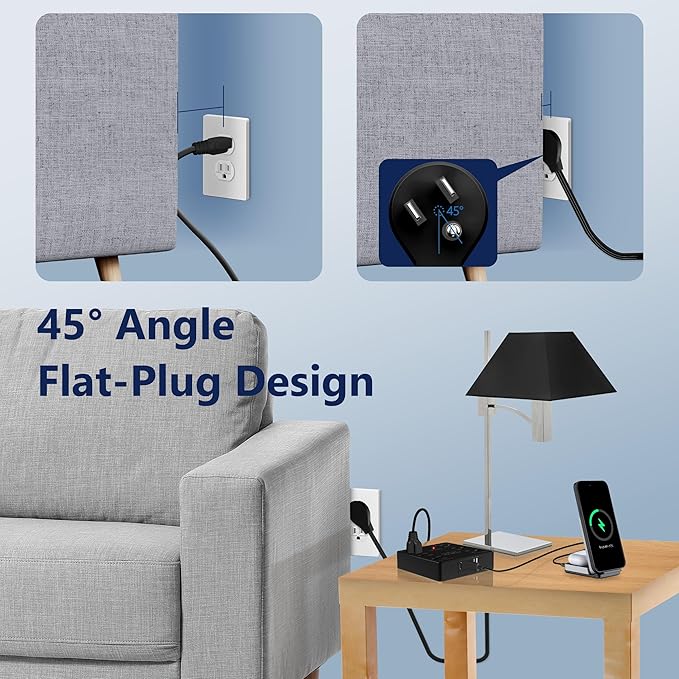 LIDER Outlet Extender with 6 Receptacles, USB-A and 2 USB-C, Ultra-Thin Flat-Plug with Cord Extender, 6-Outlet Power Strip, Slim Angled Design, Surge Protector, 1500 Joules, 5ft Cord, UL-Listed, Black