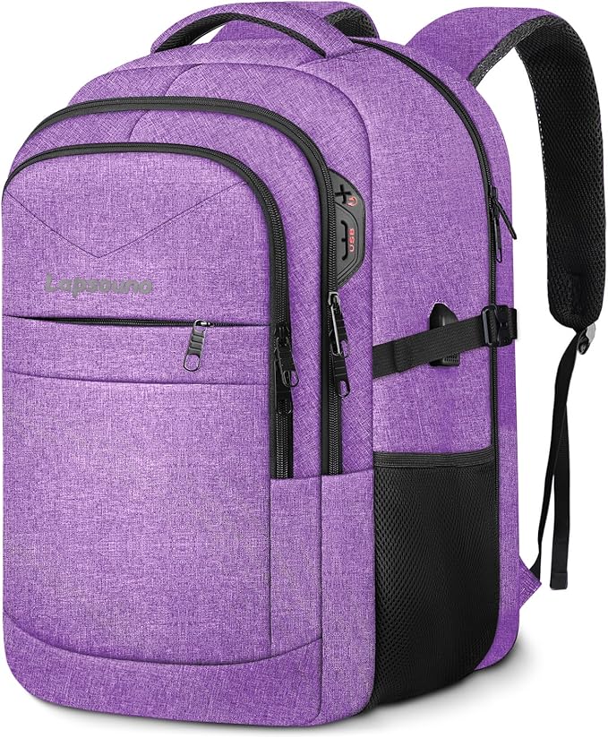 Lapsouno Extra Large Travel Backpack, Travel Laptop Backpack, Multiple Pockets 17.3 Inch Carry on Backpack with USB Port, TSA Friendly Water Resistant College School Business Bag for Women, Purple