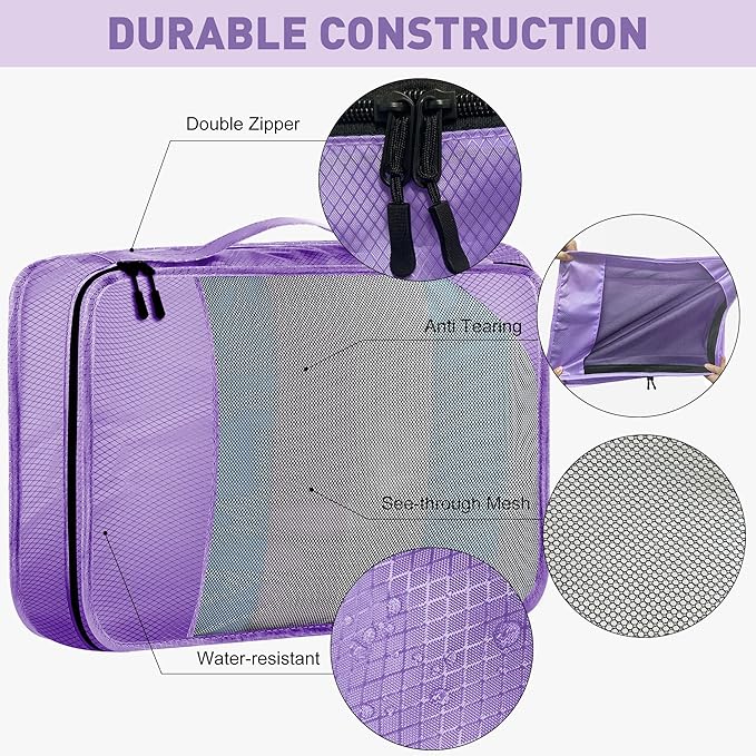 8-Piece Packing Cubes for Travel, Mesh Luggage Organizers with Shoe Bag, Toiletry Bag, Laundry Pouches, 4 Sizes (XL/L/M/S) for Suitcase Organization, Men Women Kids, Purple