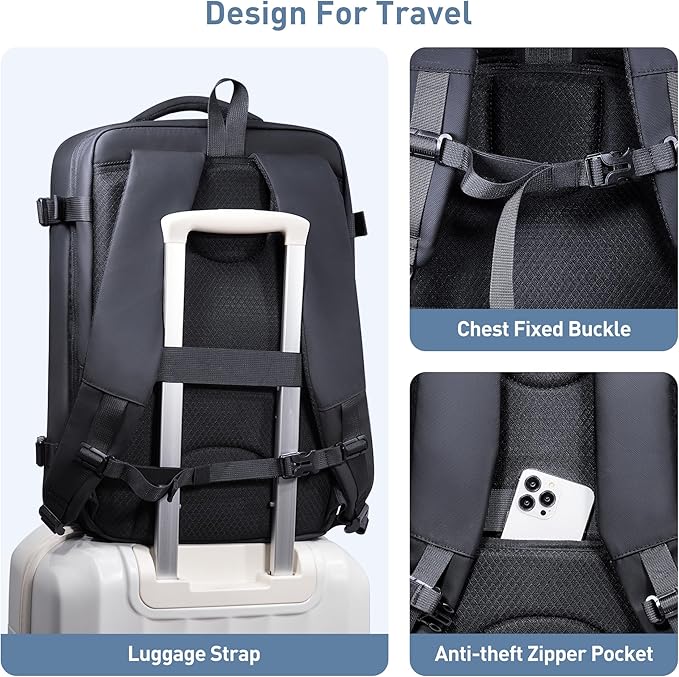 SHOWKOO Travel Backpack For Man Women, Airline Approved Carry On Laptop Backpack For Business, 40L Expandable Large Capacity Backpack, Black