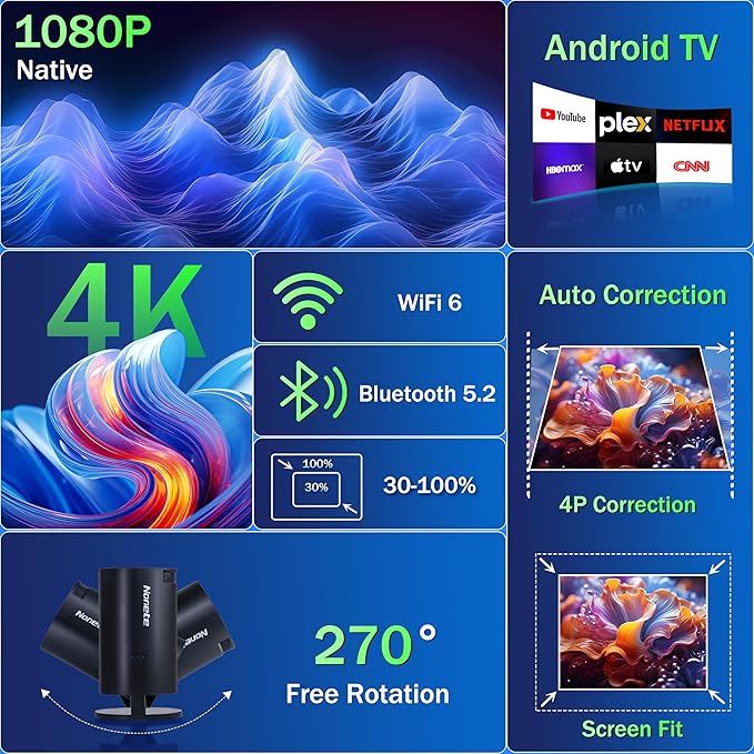 【Built-in Apps】Mini Projector 1080P, 4K Projector Full HD with WIFI 6 and Bluetooth 5.2, Support 270° Rotatable Portable Projector with Auto Keystone Correction,Compatible with Phone/HDMI/USB - Black