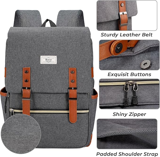 Ronyes Vintage Laptop Backpack for Women Men,15.6 inch Bookbag Casual Daypack with USB Charging Port for College Work, Grey Backpacks