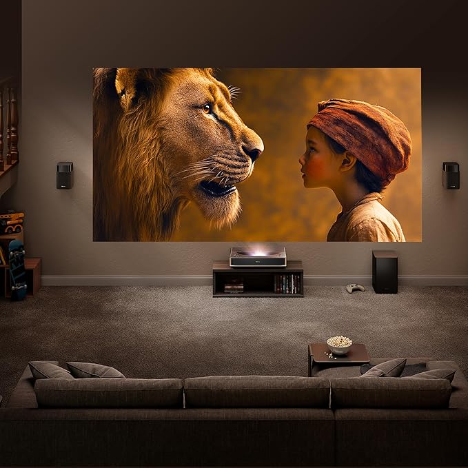 Hisense PT1 Ultra Short Throw Triple Laser Projector, 4K UHD, Google TV, 80'' - 150'', 2500 Lumens, 3000:1 Contrast, IMAX Enhanced, Dolby Vision & Atmos, 3D, 240 High Refresh Rate