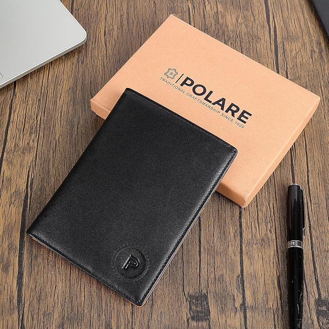 Polare Luxury RFID Blocking Leather Passport Holder Travel Wallet For Men and Women (Black/Brown with AirTag Slot)