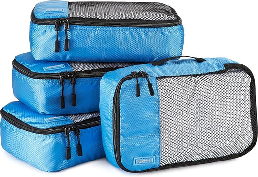 Amazon Essentials 4-Piece Packing Cubes Travel Accessories Set, Luggage Organizer with Double Zipper, Mesh Top, 100% Polyester, Small, Sky Blue (Previously Amazon Basics)