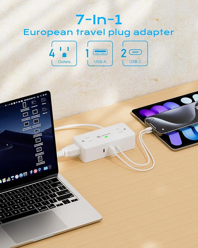 European Travel Plug Adapter, EU/UK/JP Plug Adapter, 4 AC Outlets, 3 USB Ports (2 USB C), 5ft Flat Extension Cord, Compact for Travel