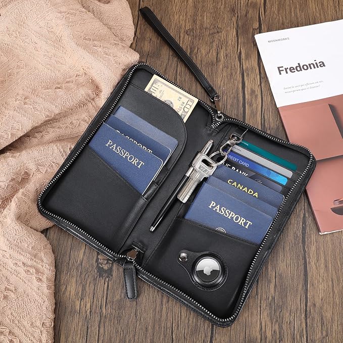 Polare Full Grain Leather Family Travel Passport Wallet and Documents Organizer RFID Blocking Case Holder Fits 6 Passports for Men and Women