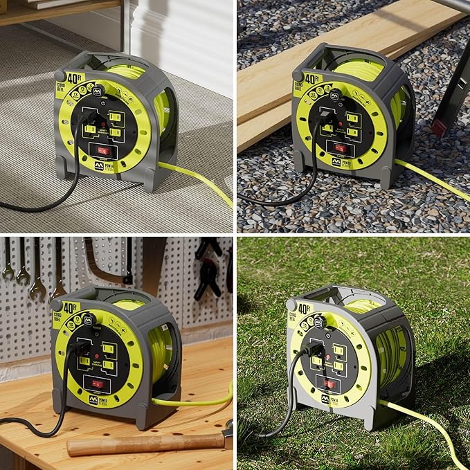 40ft Case Cord Reel, Retractable Extension Lead with Winding Handle, Safety Overload Circuit Breaker and Power Switch, 4X Grounded Outlets, 13amps, 14AWG Cable