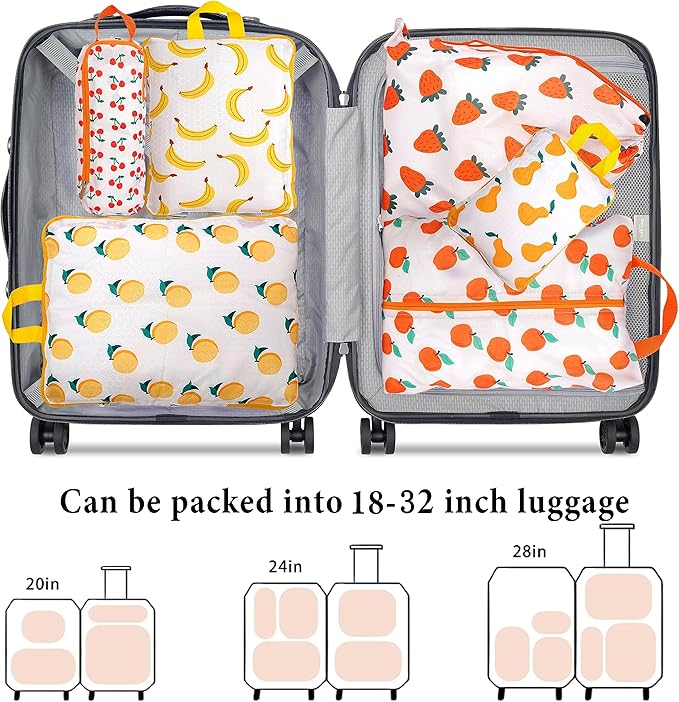 Compression Packing Cubes for Suitcases, 6 Set Cute Fruit Luggage Organizer, Lightweight Waterproof Expandable/Compression Bags Smell Proof Travel Packing Cubes for Suitcases