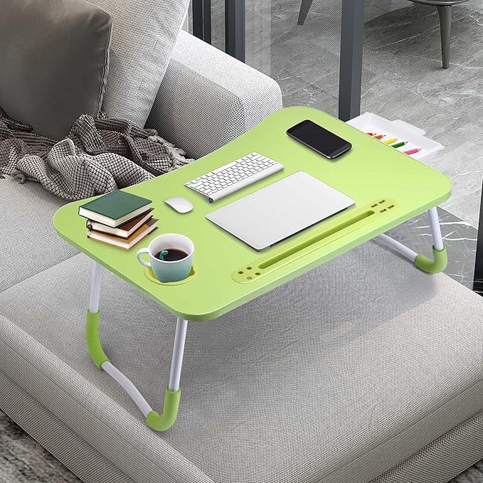 Slendor Lap Desk with Tablet Slot, Foldable Laptop Table with Storage Drawer for Bed，Portable Bed Desk for Laptop, Computer Tray with Cup Holder Notebook Stand Reading Holder for Couch Floor, Green