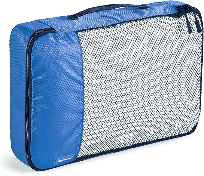 Amazon Essentials 4-Piece Packing Cubes Travel Accessories Set, Luggage Organizer with Double Zipper, Mesh Top, 100% Polyester, Small/Medium/Large/Slim, Blue (Previously Amazon Basics)