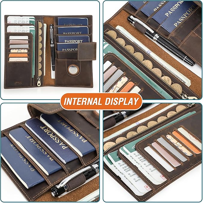Top Grain Leather Travel Passport Wallet Holder for Man & Woman, Snap Button Design for 4 Passports & Multi Cards, RFID Blocking Large Capacity for Passports/Cards/Checks/Bills, Coffee