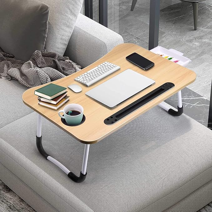 Slendor Lap Desk with Tablet Slot, Foldable Laptop Table with Storage Drawer for Bed，Portable Bed Desk for Laptop, Computer Tray with Cup Holder Notebook Stand Reading Holder for Couch Floor, Walnut