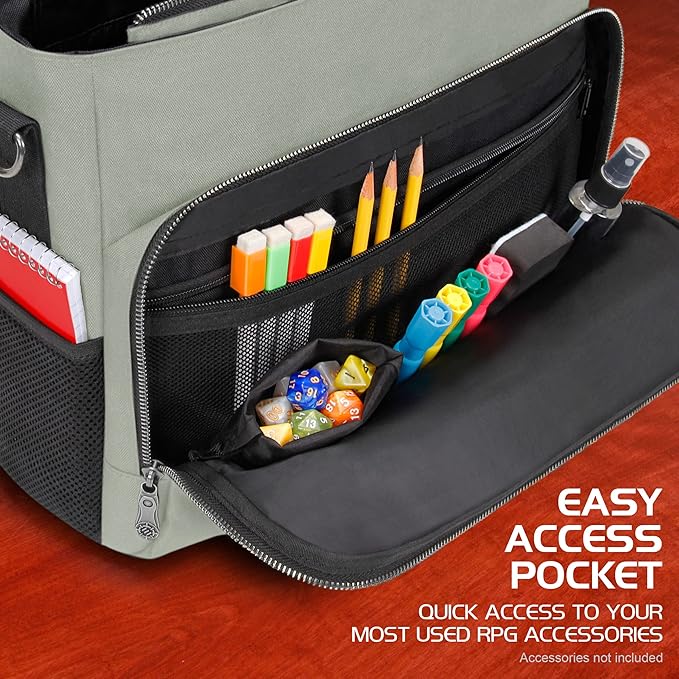 ENHANCE Collector's Edition RPG Player's Essentials DnD Bag - Dragon Hide Exterior Messenger Bag Fits 2-4 Books, Binders, Dice & Accessories, with 17 inch Laptop Slot, Battlemap Straps (Dragon Silver)