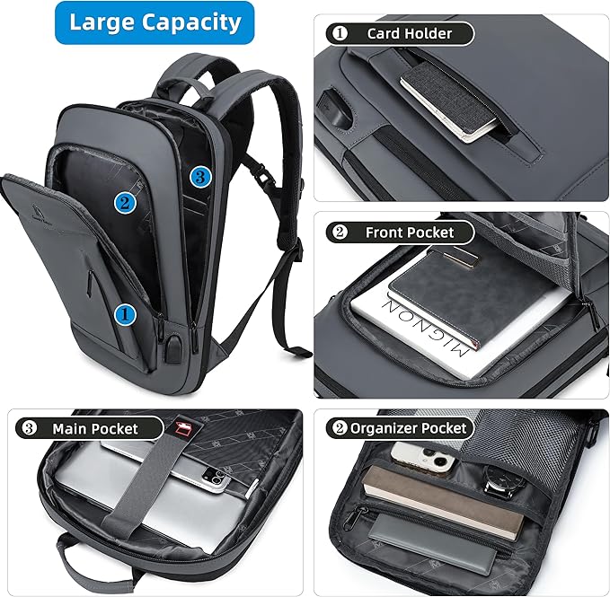 Caoroky knight Backpack Laptop Men 15.6 inch Slim Work Business Backpacks with USB Charging Port Mens Travel Bag Bookbag (Grey, Large)