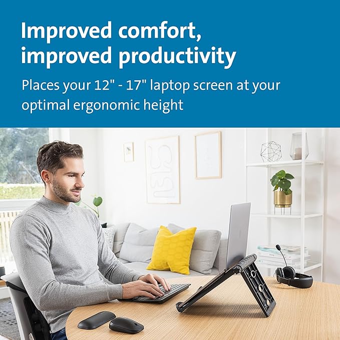 Kensington Adjustable Aluminum Laptop Stand for Desk, Ultra-Slim Lightweight Foldable Portable Notebook Holder, Anti-Slip Silicone Tablet Mount for 10"-17" Laptops and Tablets, Black K50428WW