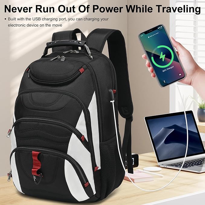 Boavan Laptop Backpack for men, 17.3 inch Laptop Bag with USB Port, Waterproof Travel Work Backpack Purse, Anti-Theft Teacher Nurse Doctor Casual Bookbags Office Business backpack，White