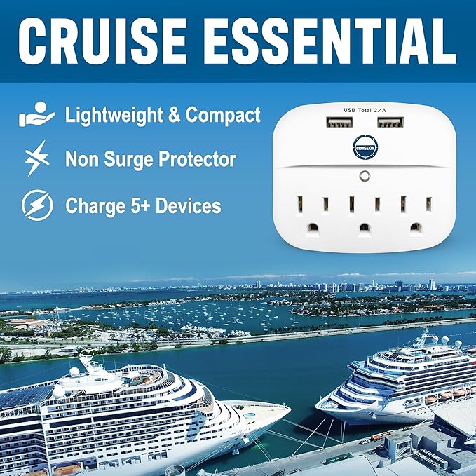 Cruise Approved Power Strip - Non Surge Protector for Cruise Ship with 2 USB Outlets - Cruise Ship Essentials 2025 for Carnival, Princess, Norwegian, Holland America, MSC & Major Cruise Lines (White)