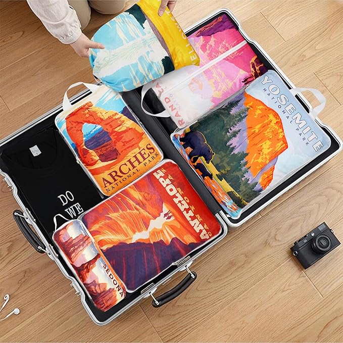 Compression Packing Cubes for Travel, 6 Set National Park Luggage Organizers, Lightweight Waterproof Expandable/Compression Bags Smell Proof Travel Packing Cubes for Suitcases