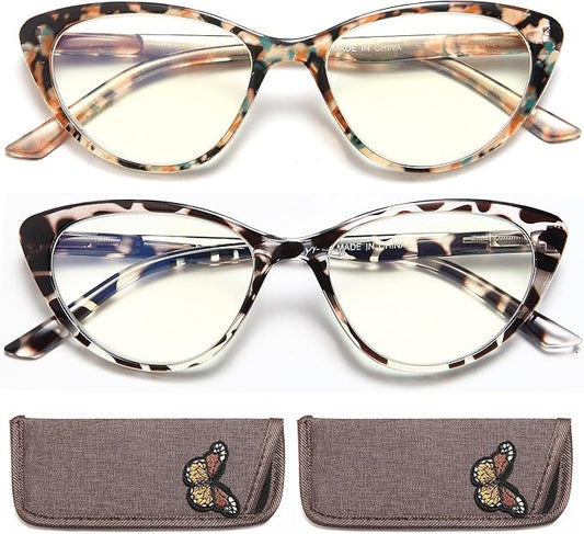 EYEURL Cat Eye Reading Glasses for Women -2 Pack of Blue Light Blocking Readers Spring Hinge Computer Eyeglass with Tortoise/Champagne Pattern Design Readers for women +2.50