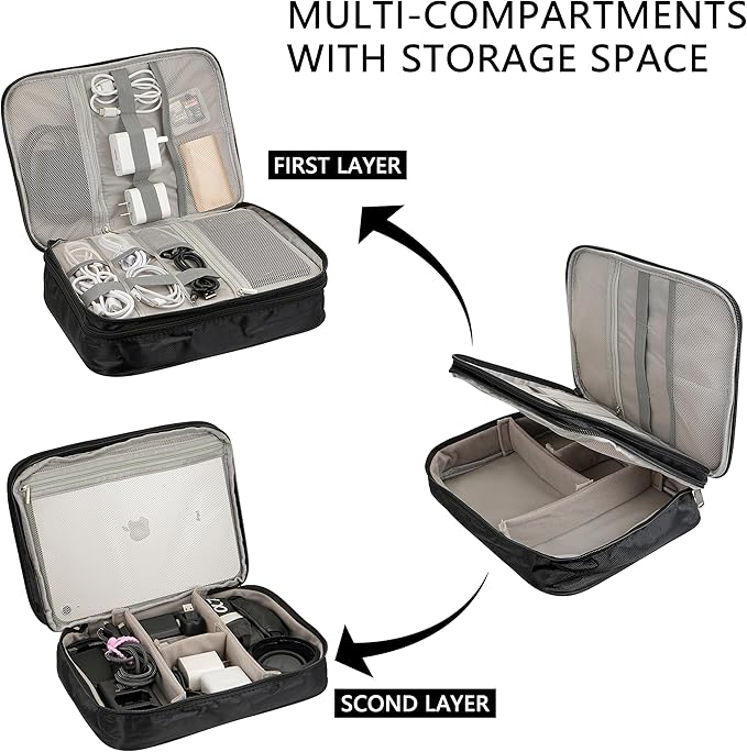 Electronics Accessories Organizer Bag, Waterproof Double Layer Travel Cable Organizer Case for Cords, Charger, Power Bank, Hard Drive, Mouse – Shockproof Tech Storage Pouch for Travel & Home (Black)