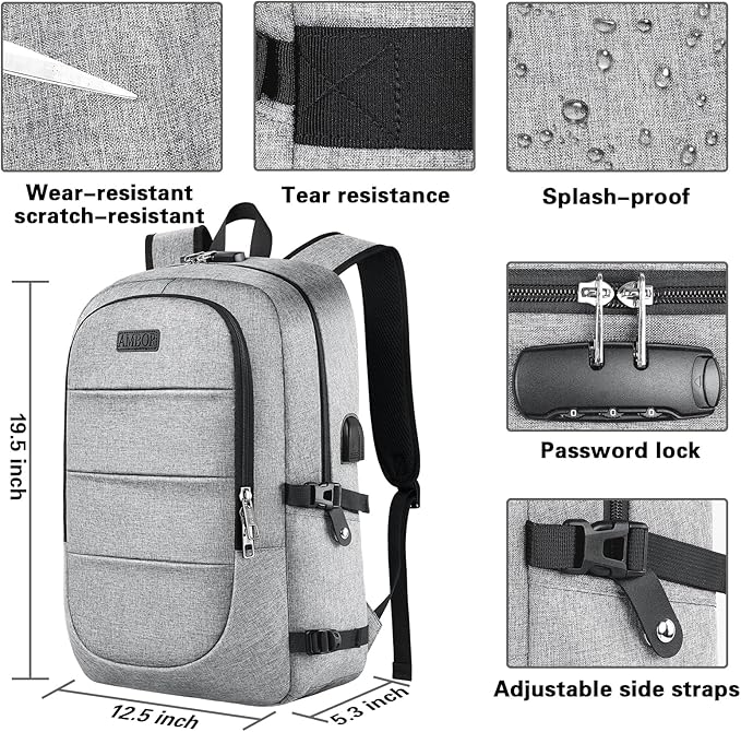 AMBOR Travel Laptop Backpack, 15.6-17.3 inch Anti Theft Business Laptop Backpack with USB Charging Port and Headphone Interface, Backpack for Men & Women, Grey