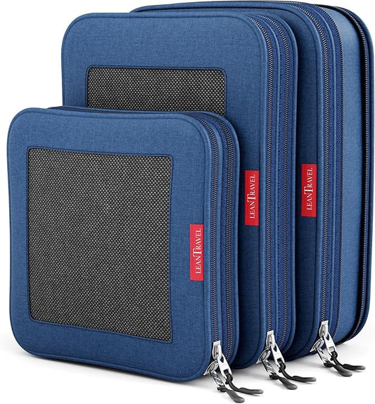 LeanTravel Compression Packing Cubes for Travel Organizers with Double Zipper (3-Pack (2L+1M), Navy)