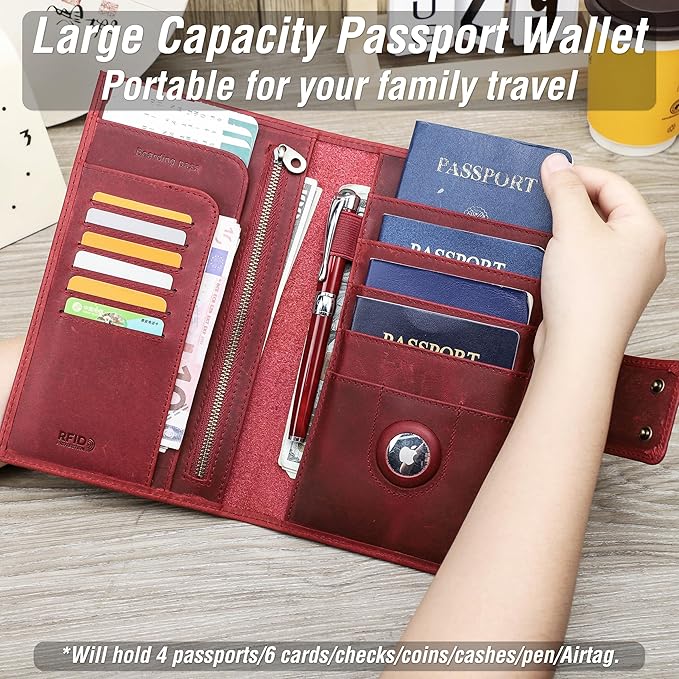 Top Grain Leather Travel Passport Wallet Holder for Man & Woman, Snap Button Design for 4 Passports & Multi Cards, RFID Blocking Large Capacity for Passports/Cards/Checks/Bills, Burgundy