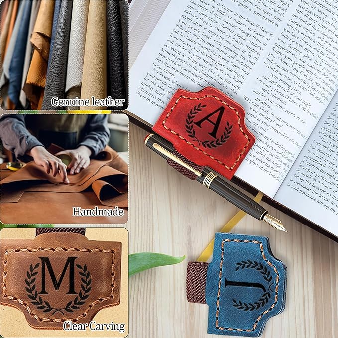 Personalized Bygone Mark Bookmark with Pen Holder, Leather Magnetic Bookmark 26 Letters Name Initial Bookmarks for Readers, Book Lover Gifts for Women Men Notebook Accessories (Blue, T)