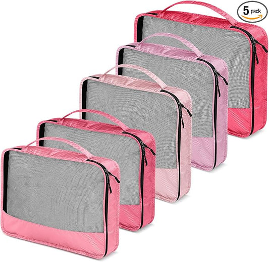 5 Pcs Packing Cubes for Suitcase Large Travel Cubes Carry on Luggage Organizer Bags for Clothes Accessories(Mixed,Pink)
