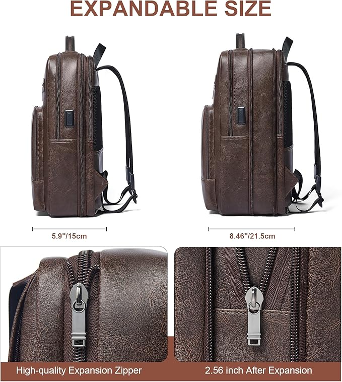 Shrrie Leather Laptop Backpack for Women and Men,28 L Travel Backpack Computer Bag Fits 16 inch Laptop,Expandable Casual Daypack with USB Charging Port for Work Business Weekender College,Coffee