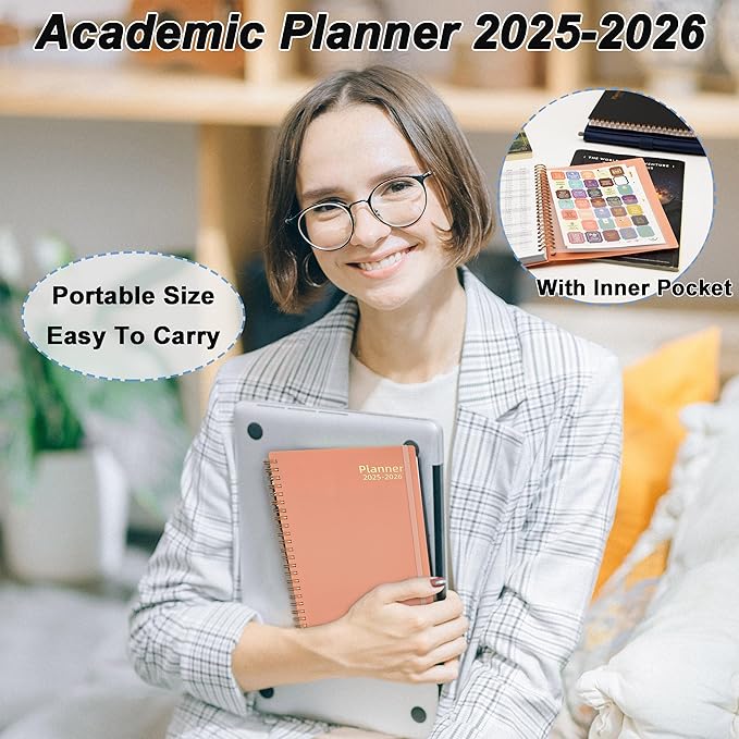 Day Planner 2025-2026, Jul.2025-Jun.2026, 6.2" x 8.4", 2025 Planner Weekly and Monthly, 2025 Agenda Planner with Tabs & Pocket, 100GSM Thick Paper, Pink